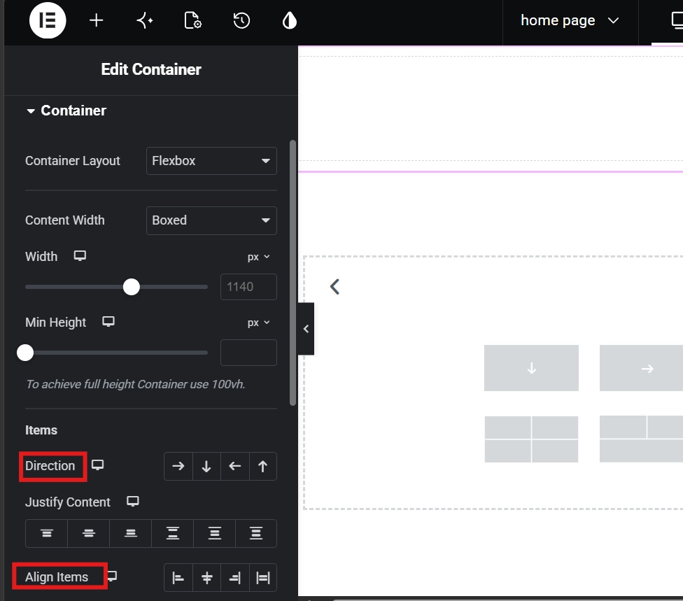 An Elementor Edit Container sidebar showing settings for Flexbox layout content width direction and item alignment.