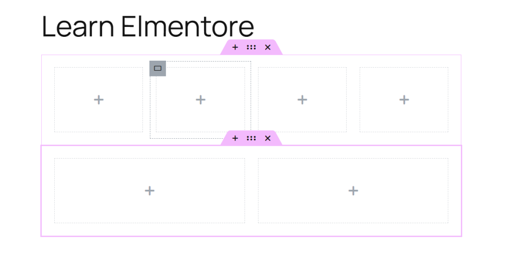 Elementor editor interface showing section and column layout with pink add buttons and placeholder areas