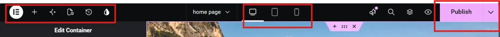 Elementor editor top toolbar with device preview icons and publish button highlighted