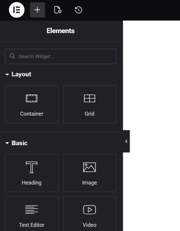 Elementor elements panel in dark mode showing Layout widgets like Container and Grid alongside Basic widgets such as Heading and Image