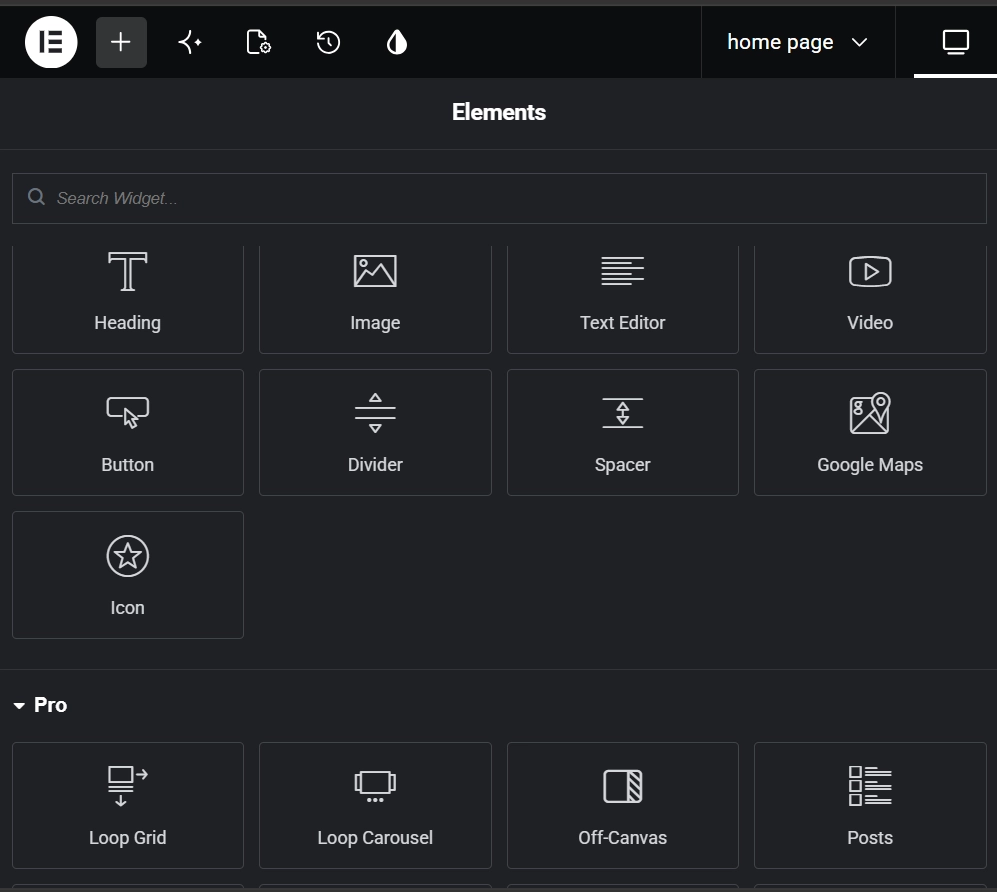 Elementor Elements panel displaying widget library with search bar and Pro features in dark editor interface