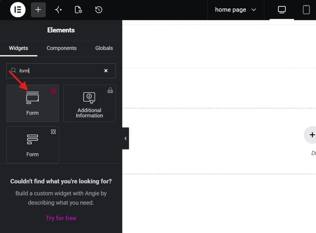 An Elementor elements panel showing a search query for a form widget in the sidebar menu interfac
