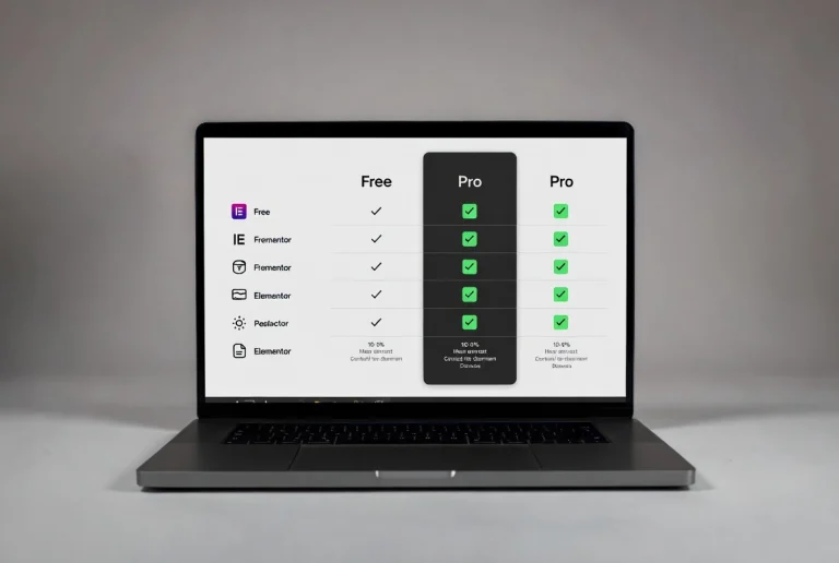 Professional laptop displaying Elementor free versus pro comparison on screen in studio setting