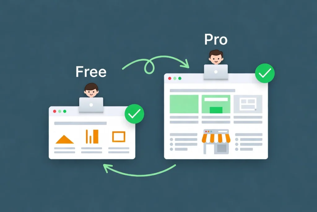 Decision paths showing simple free Elementor use cases versus advanced Pro scenarios with custom layouts