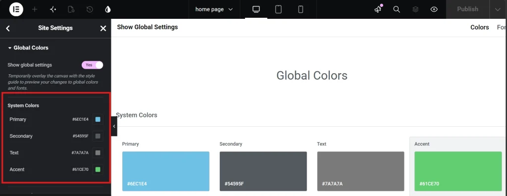 Elementor global colors system settings showing primary secondary text and accent swatches in site settings panel