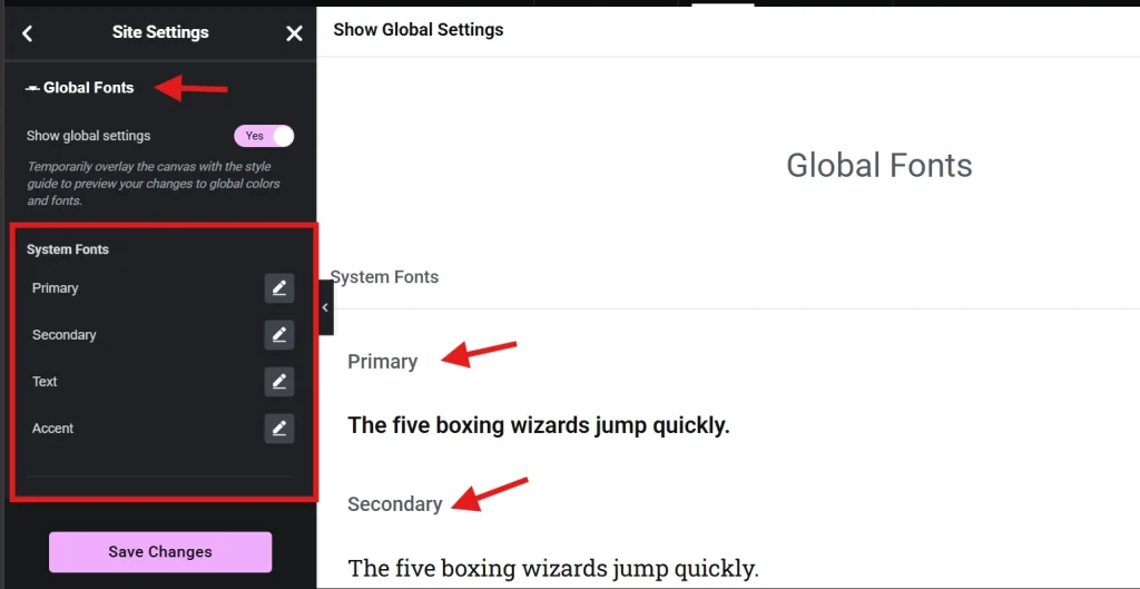 Elementor global fonts settings panel showing primary and secondary system font options