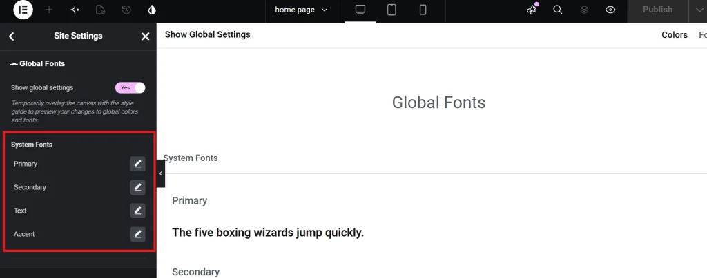 Elementor global fonts system settings showing primary secondary text and accent font options in site settings