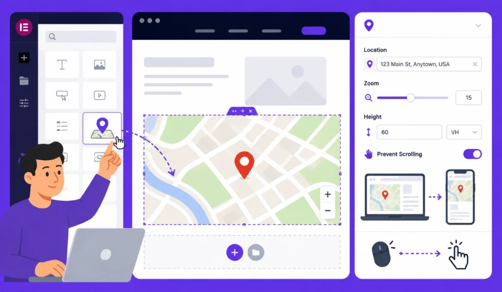 Flat vector illustration of adding Google Maps widget in Elementor page builder with settings panel