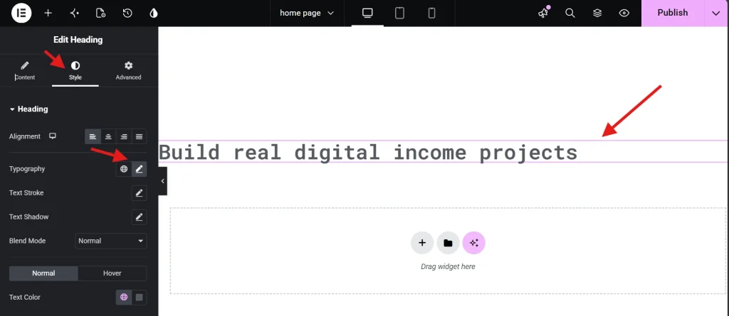 Elementor heading style panel showing alignment typography options with highlighted text on canvas