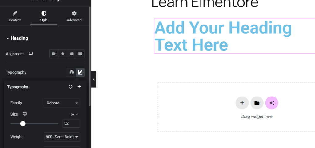 Elementor heading style panel open with Roboto typography settings showing 52px size and 600 semi bold weight