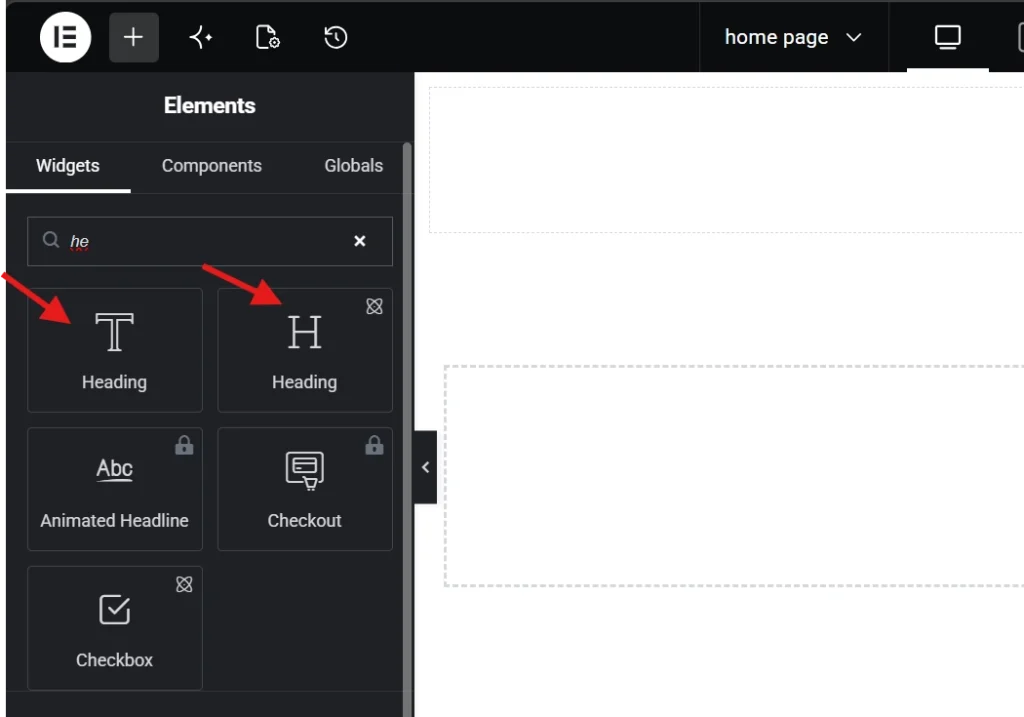Elementor page builder showing Heading widget options in the elements panel