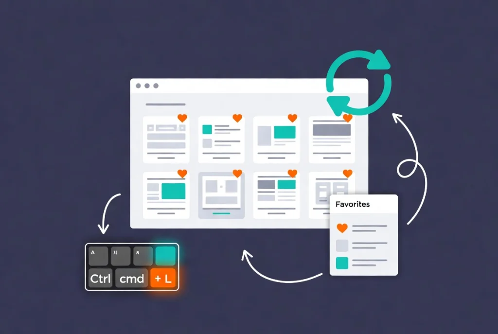 Elementor template library interface highlighting sync button, favorited blocks, and keyboard shortcut in flat vector style