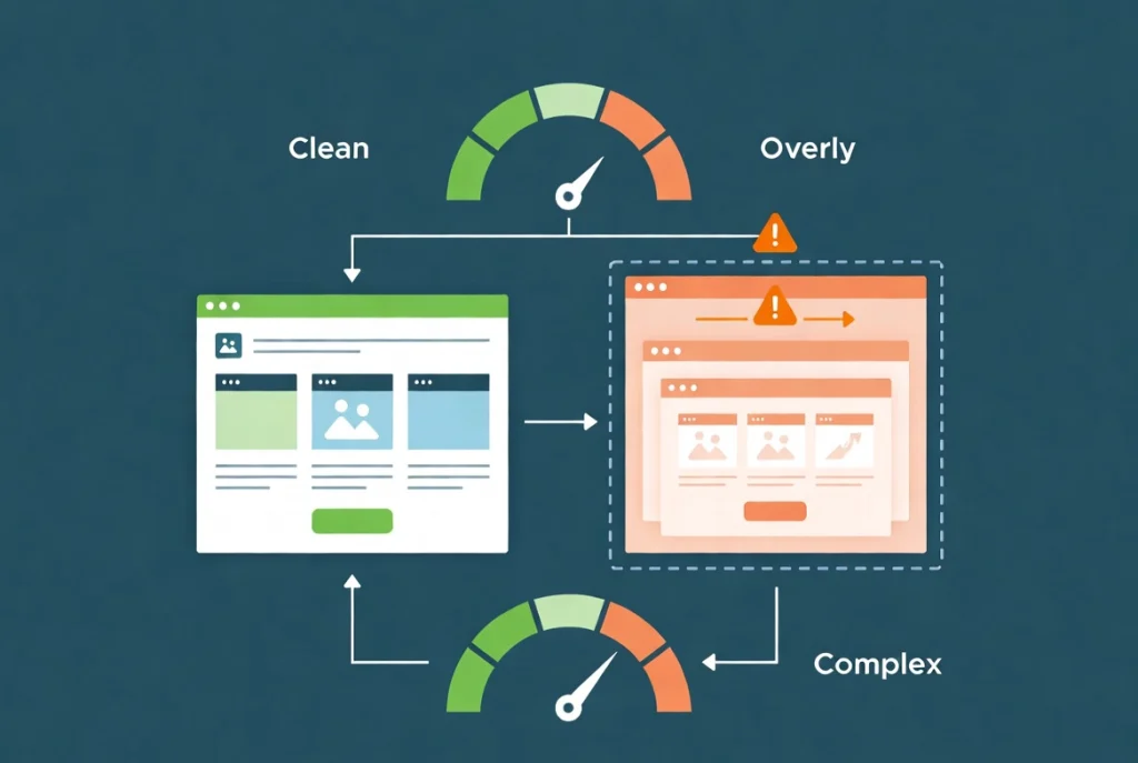 Flat vector illustration of Elementor sections columns widgets hierarchy impacting website performance