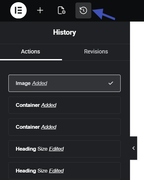 Elementor history panel showing actions list with undo icon highlighted in editor interface