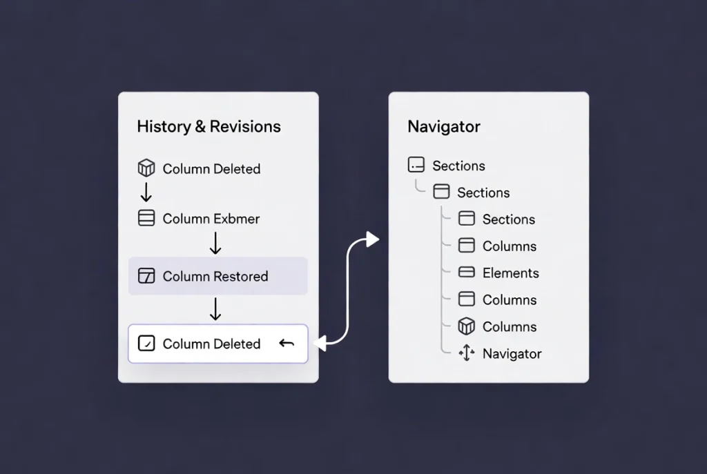 Flat vector illustration of Elementor History panel connected to Navigator for advanced workflow