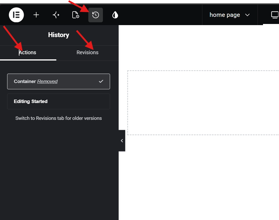 History panel interface with actions log and revisions tabs in website page builder tool
