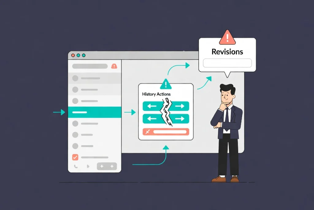 Elementor history panel showing unresponsive actions and empty revisions tab in WordPress editor interface