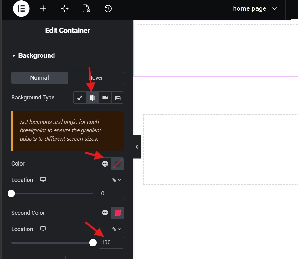 Elementor edit container background panel with Hover tab and gradient color location sliders highlighted by red arrows