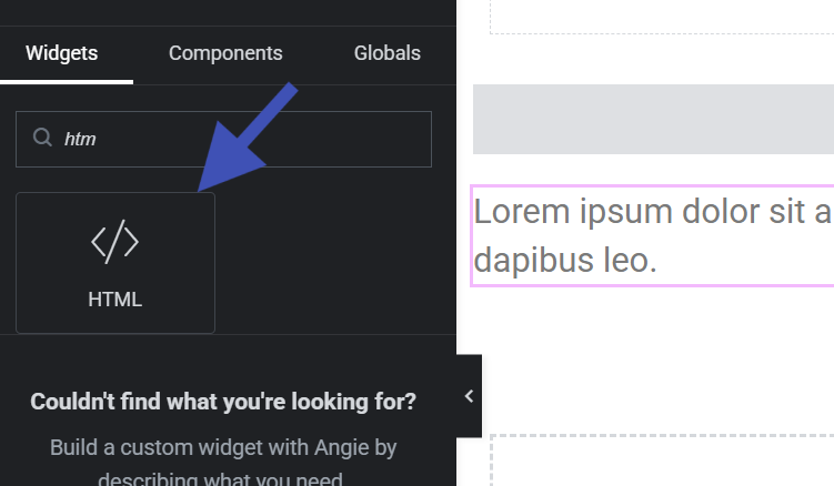 Elementor widgets panel displaying HTML widget selection beside text content layout editor