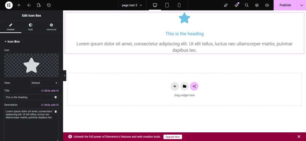 Elementor Icon Box widget editor interface showing settings panel and live preview with star icon