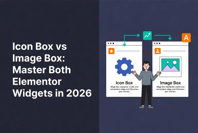 Flat vector comparison of Elementor Icon Box and Image Box widgets with tutorial title text
