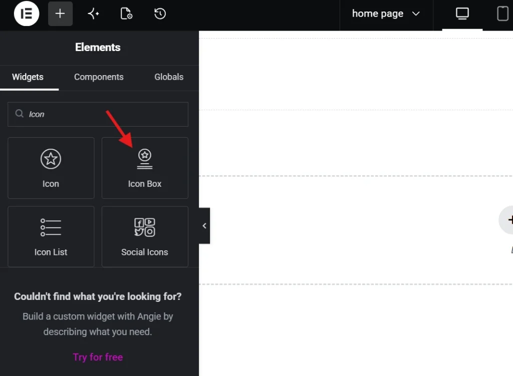 An Elementor elements panel showing a search query for a spacer widget in the sidebar menu interface.