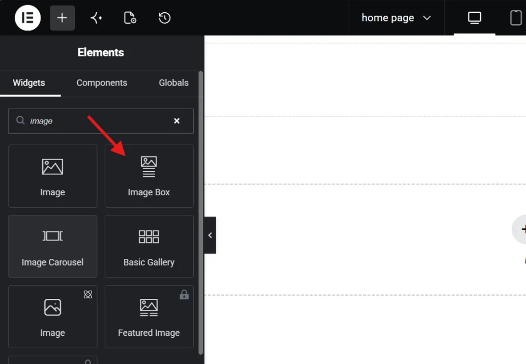 An Elementor elements panel showing a search query for an image box widget in the sidebar menu interface.