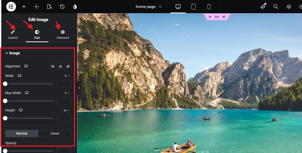 Elementor image edit panel showing width height alignment and opacity controls in page builder