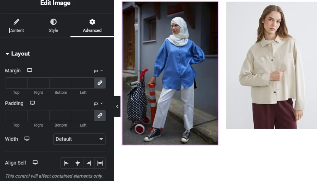 Elementor image settings panel showing margin and padding controls beside fashion photos in editor layout