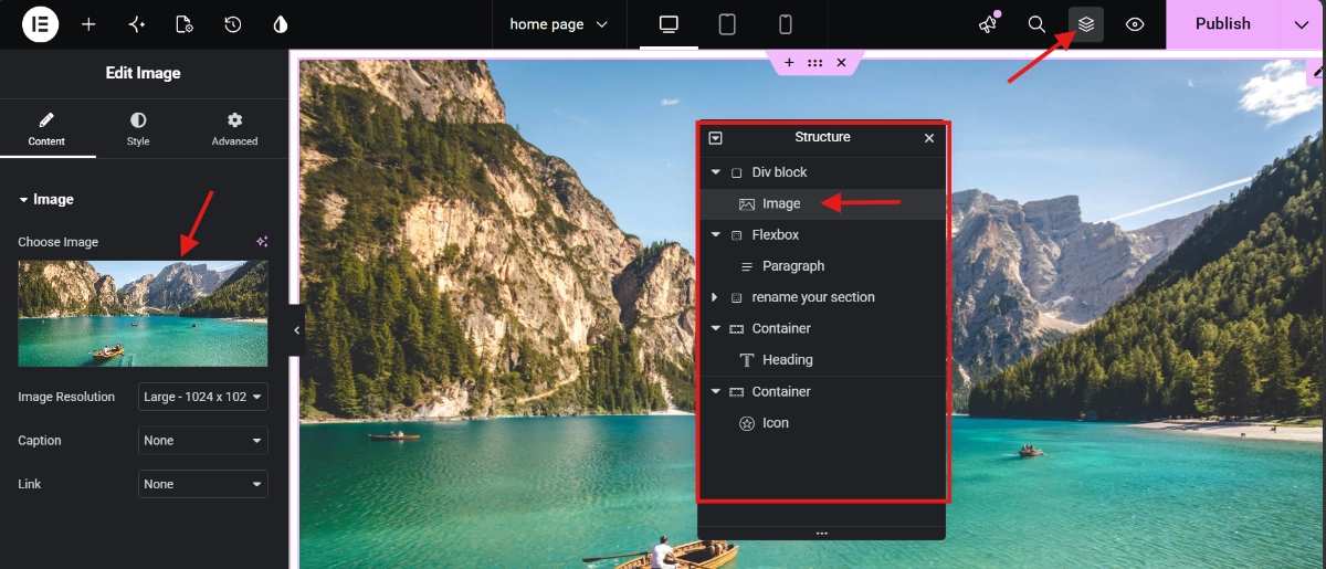 Elementor editor with the Structure hierarchy open