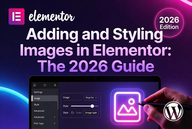 Elementor image widget settings panel on laptop with stylus editing placeholder for 2026 styling guide