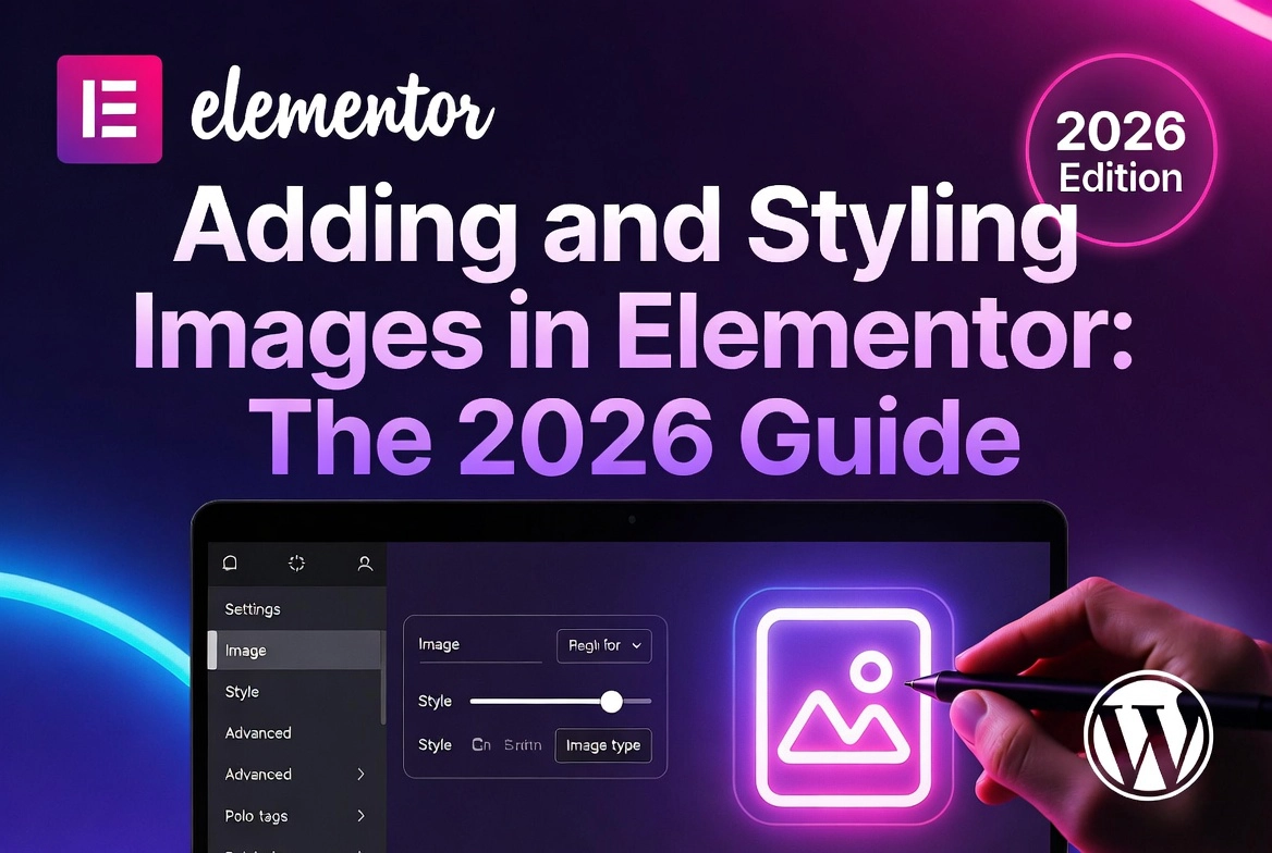 Elementor image widget settings panel on laptop with stylus editing placeholder for 2026 styling guide