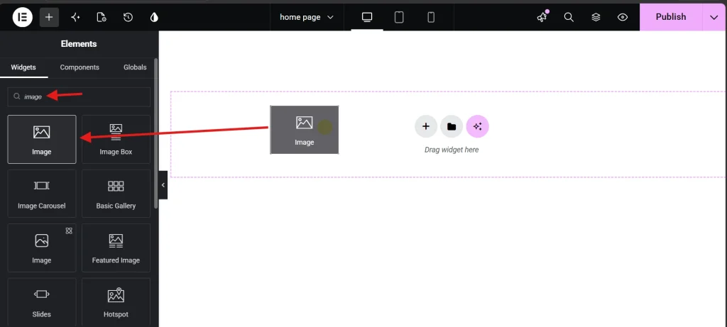 Elementor interface screenshot showing Image widget selected from widgets panel in page builder