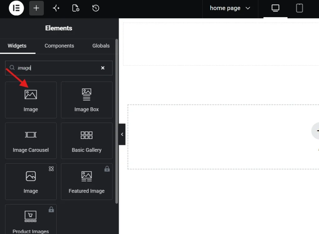 Elementor editor showing Image widget option in elements panel