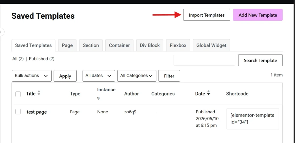 Elementor Saved Templates screen highlighting the Import Templates button with red arrow in WordPress admin