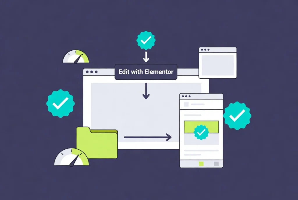 Elementor editor testing workflow illustration showing WordPress page to loaded template library insertion in clean interface