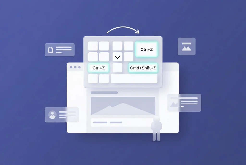 Flat vector illustration of keyboard shortcuts workflow in Elementor editor window