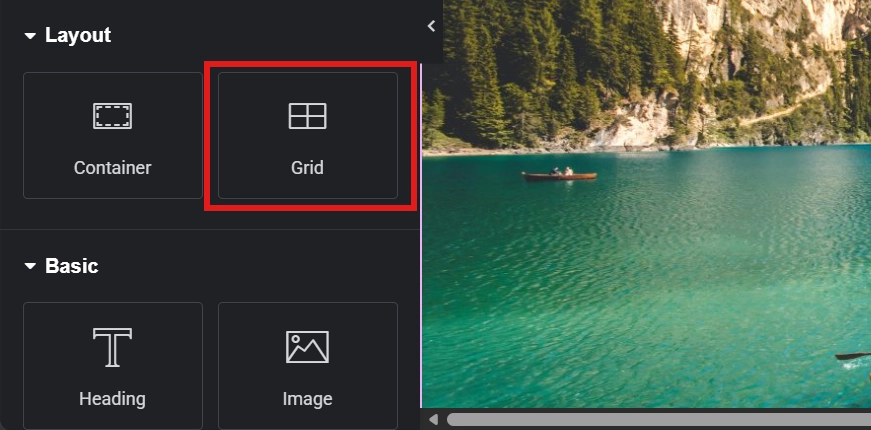 Elementor Layout panel highlighting Container and Grid options next to scenic lake preview