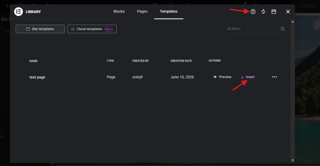 Elementor library templates tab displaying test page entry with highlighted Insert button for quick reuse