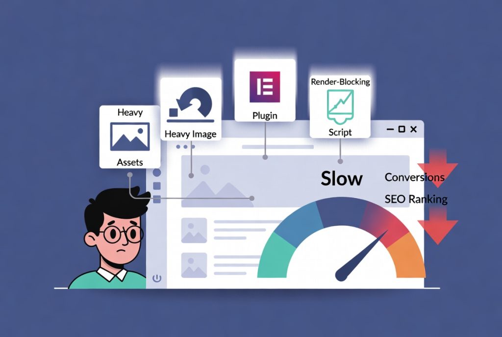 Flat vector illustration showing slow Elementor website performance impact