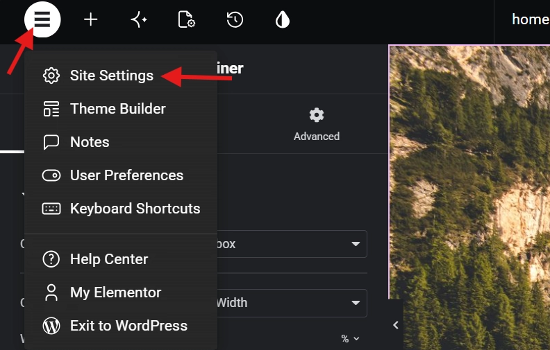 Elementor editor main menu dropdown open showing Site Settings option