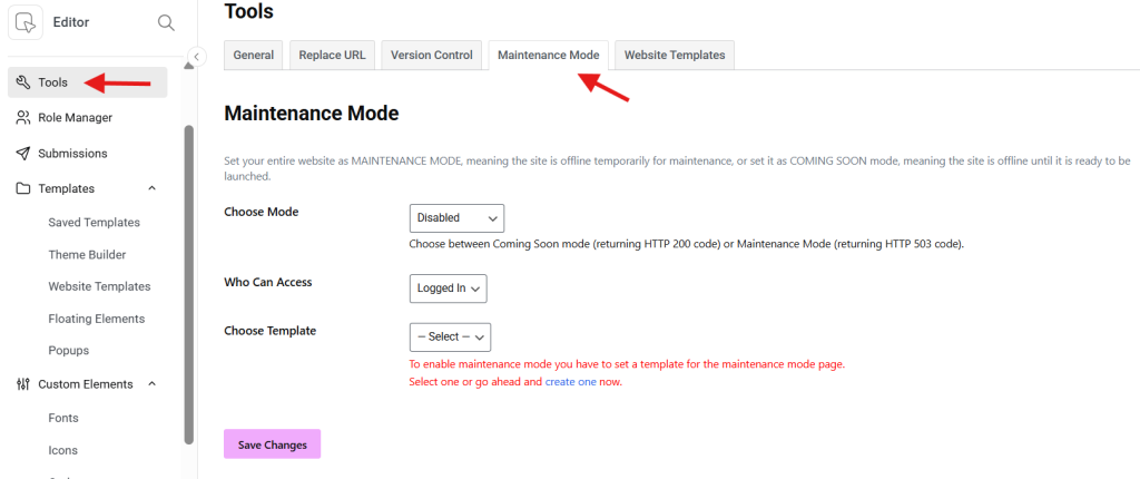 Elementor Tools Maintenance Mode settings page in WordPress dashboard with highlighted tabs