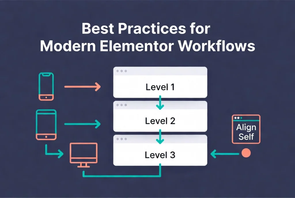 Flat vector illustration showing efficient Elementor container workflows and UI best practices