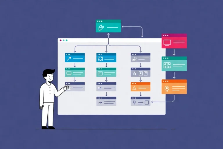 Elementor Navigator interface displaying hierarchical layout structure with workflow arrows and a cartoon user managing sections.
