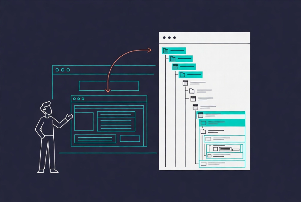 Elementor Navigator panel displaying nested container hierarchy beside simplified webpage canvas with visible DOM structure layers