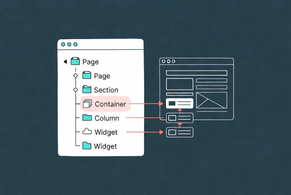 Elementor Navigator tree view panel displaying indented page element hierarchy next to matching webpage canvas layout