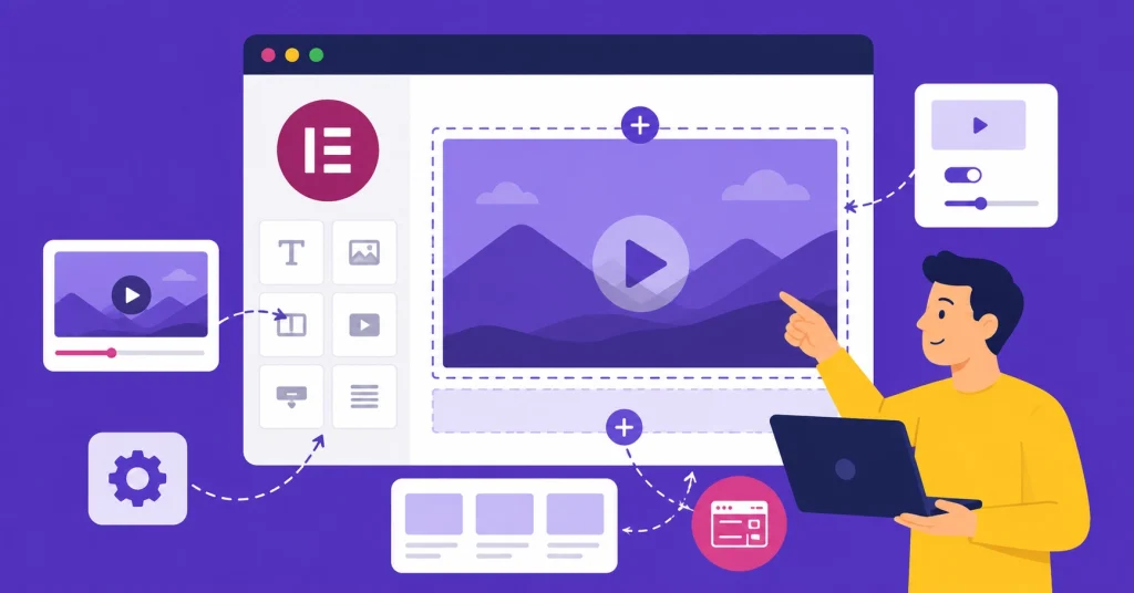 Illustrated man using Elementor page builder interface with video widget and laptop