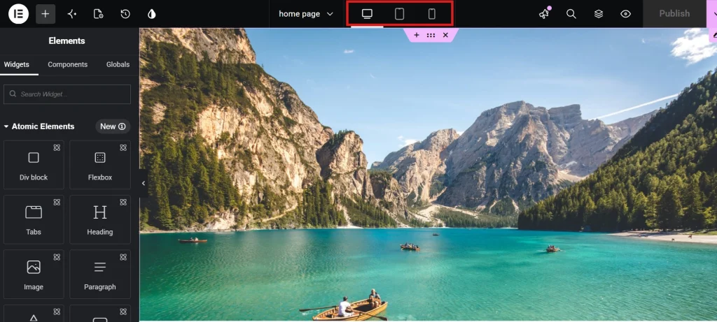 Elementor page builder interface showing elements panel and responsive device view toggles with scenic lake background