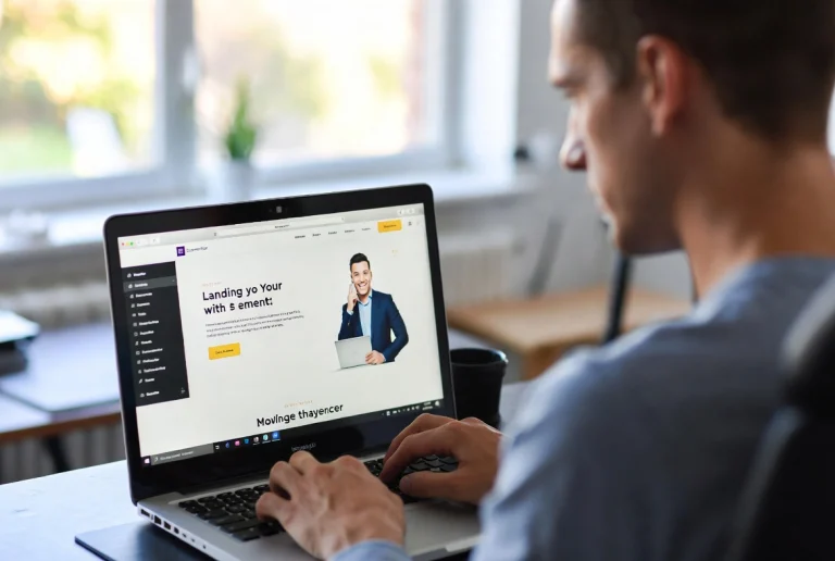 Man centered at laptop editing modern landing page in Elementor page builder within calm office setting