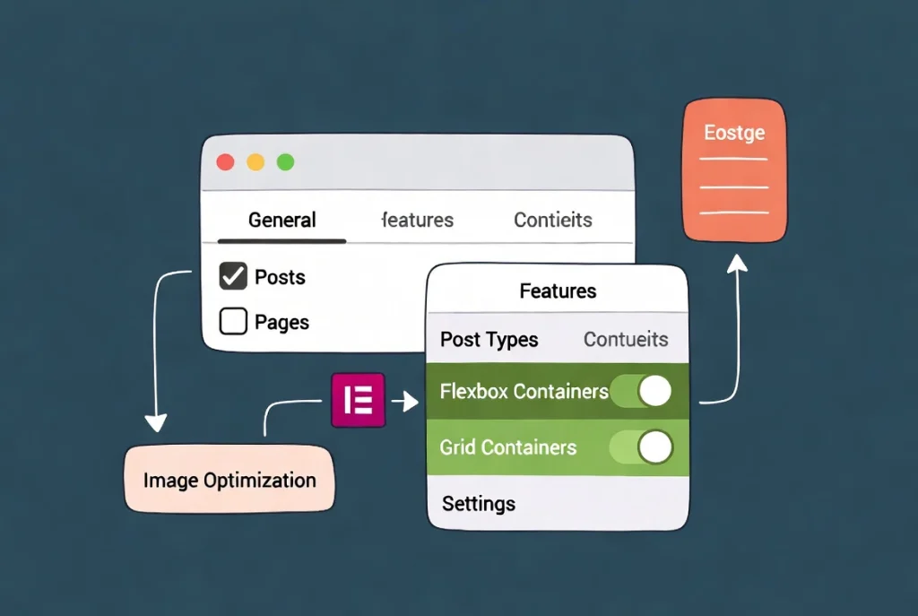 Elementor settings configuration interface illustration with General and Features tabs showing enabled containers and optimization options
